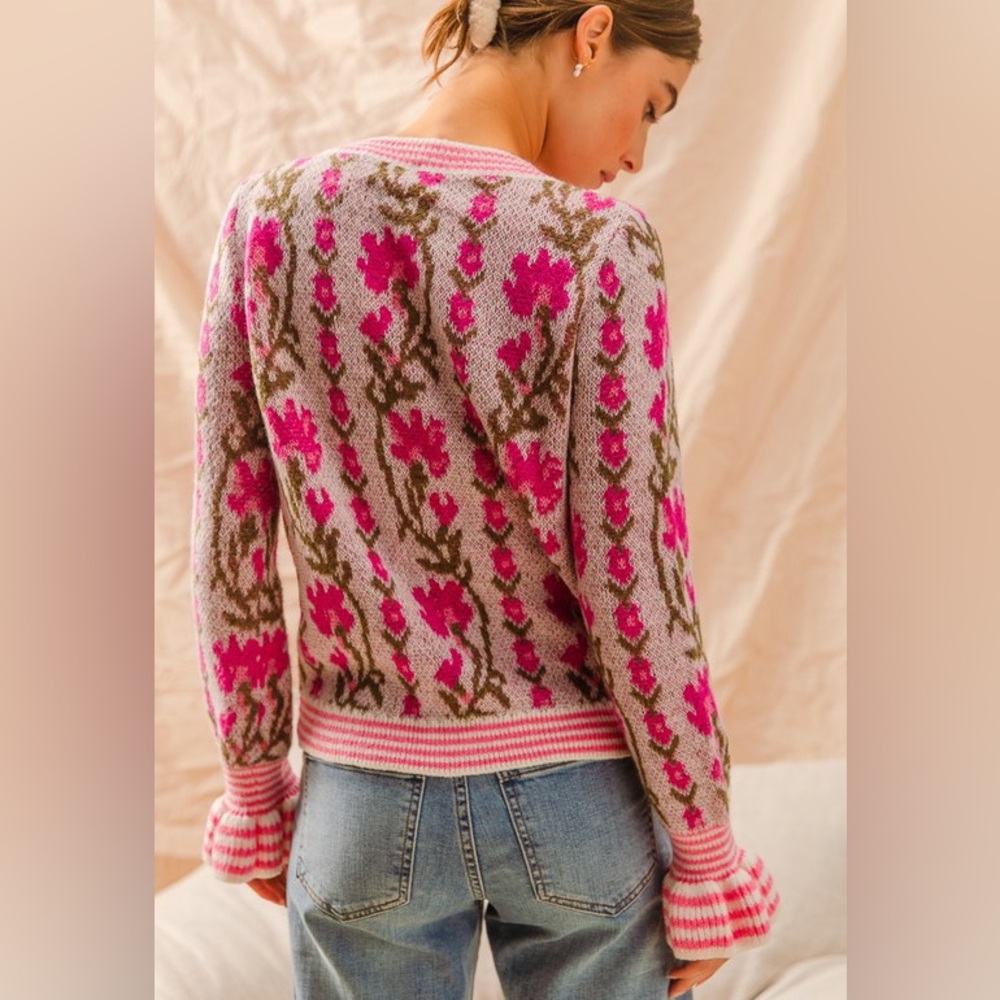 Pink Floral Intarsia Button Up Sweater Cardigan - Picture 3 of 16